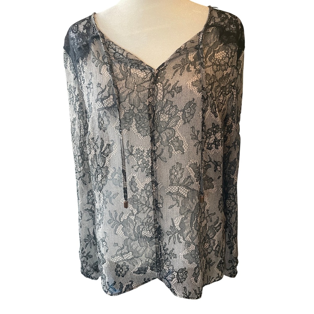 Women Dark Floral Goth Sheer Lace Mesh Button Front Top Size M Studded Victorian